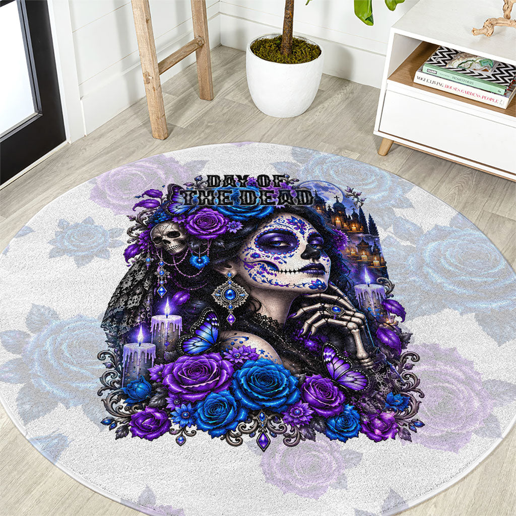 Day Of The Dead Round Carpet Gothic Floral La Catrina Blue Purple Roses