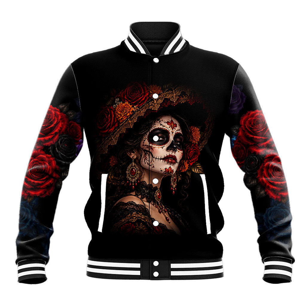 Day Of The Dead La Catrina Baseball Jacket Gothic Floral Sugar Skull Red Roses