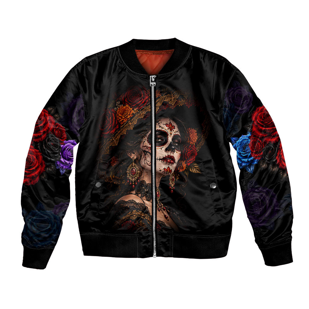 Day Of The Dead La Catrina Bomber Jacket Gothic Floral Sugar Skull Red Roses
