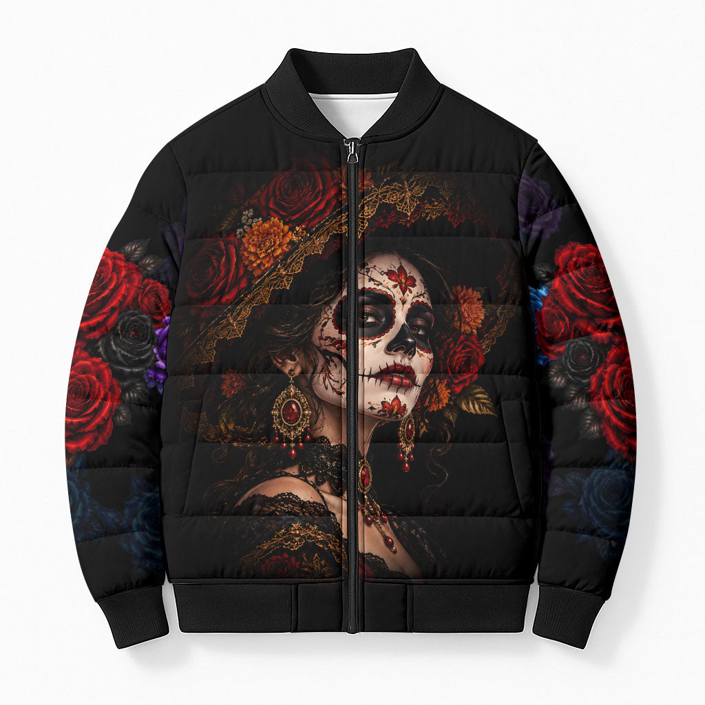Day Of The Dead La Catrina Bomber Puffer Jacket Gothic Floral Sugar Skull Red Roses