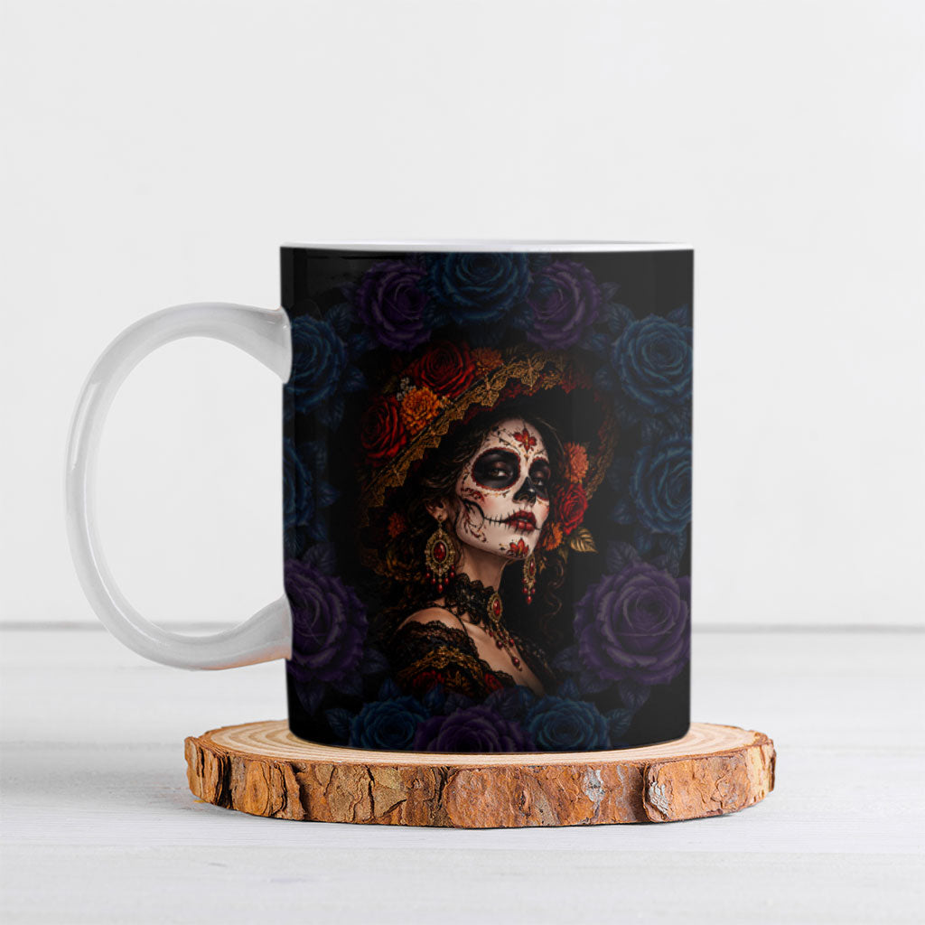 Day Of The Dead La Catrina Ceramic Mug Gothic Floral Sugar Skull Red Roses