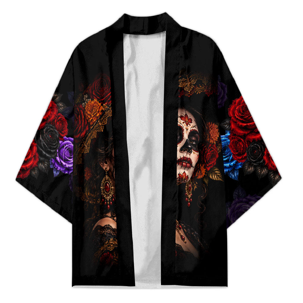 Day Of The Dead La Catrina Kimono Gothic Floral Sugar Skull Red Roses