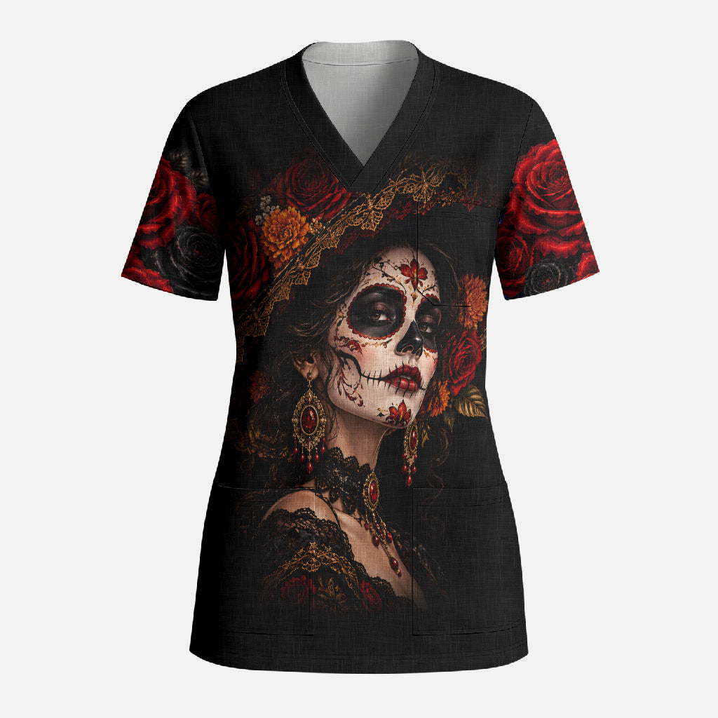 Day Of The Dead La Catrina Scrub Top Gothic Floral Sugar Skull Red Roses