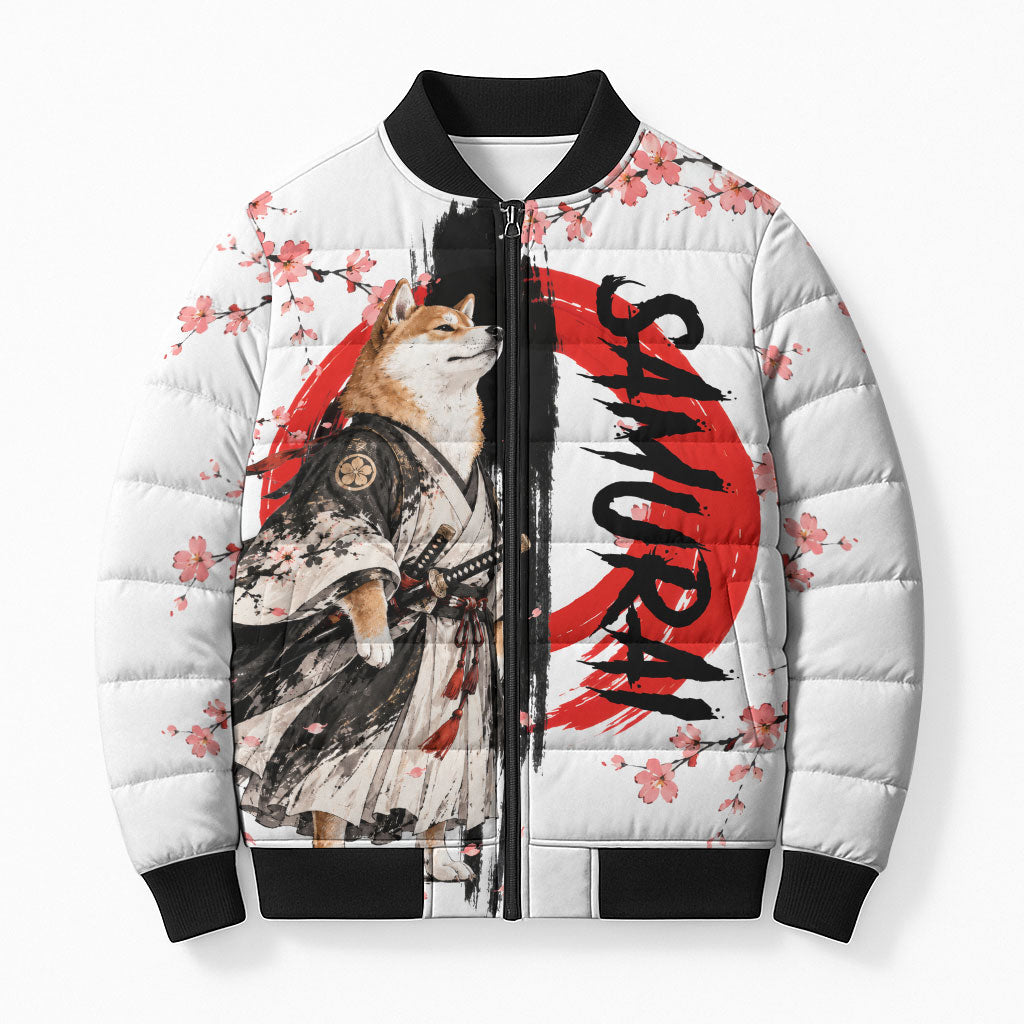 Shiba Inu Samurai Bomber Puffer Jacket Japanese Cherry Blossom Warrior Dog Art