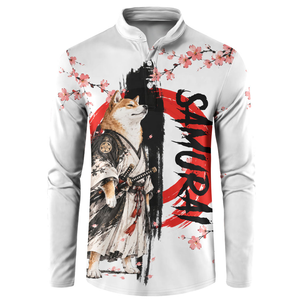 Shiba Inu Samurai Button Sweatshirt Japanese Cherry Blossom Warrior Dog Art