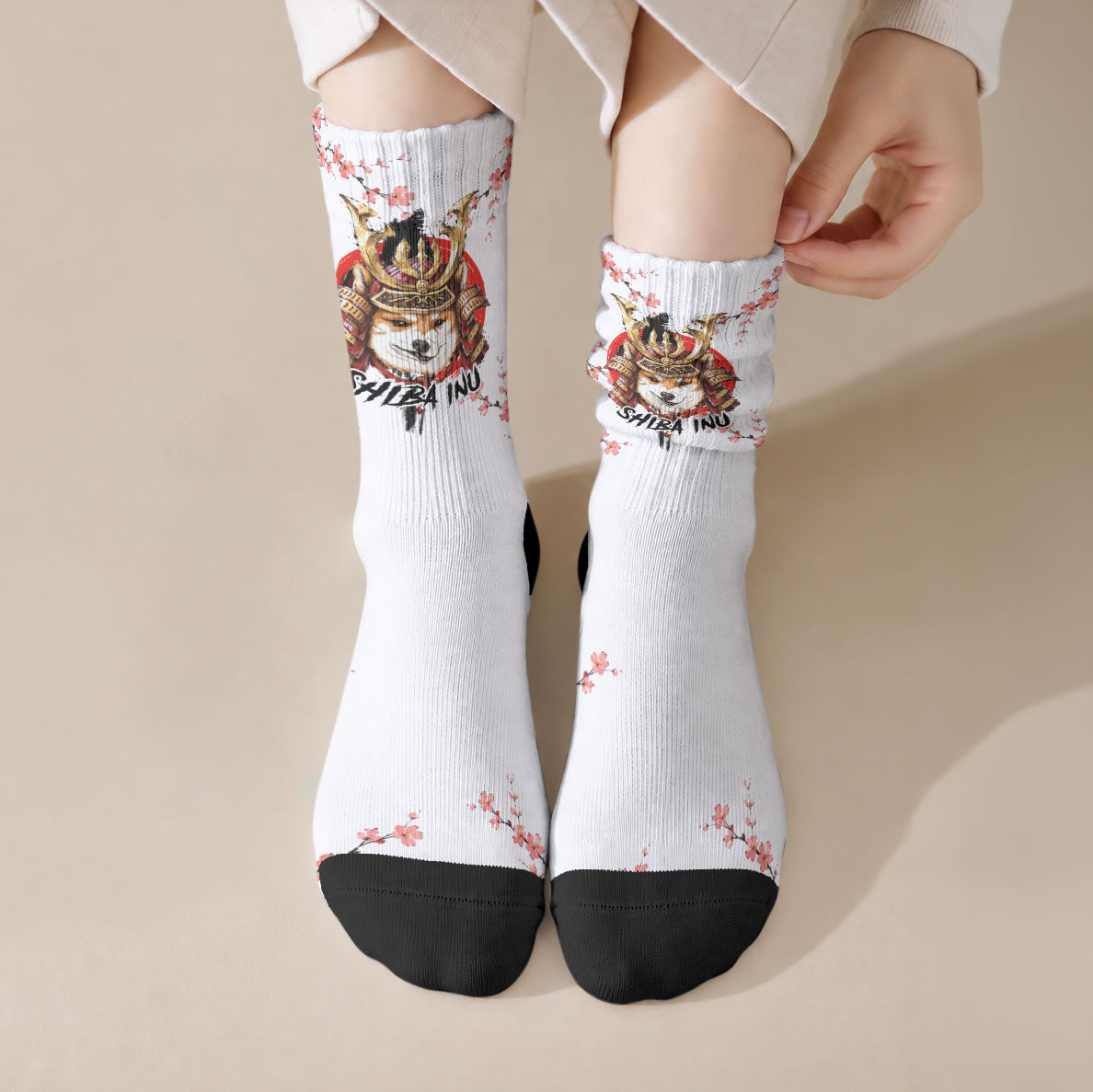 Shiba Inu Samurai Crew Socks Japanese Cherry Blossom Warrior Dog Art