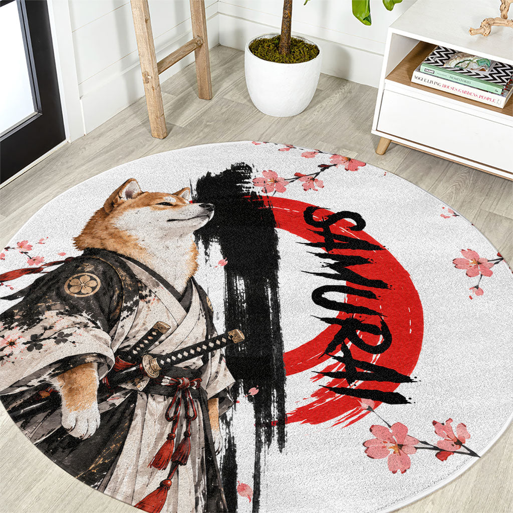 Shiba Inu Samurai Round Carpet Japanese Cherry Blossom Warrior Dog Art