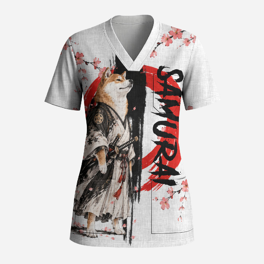 Shiba Inu Samurai Scrub Top Japanese Cherry Blossom Warrior Dog Art