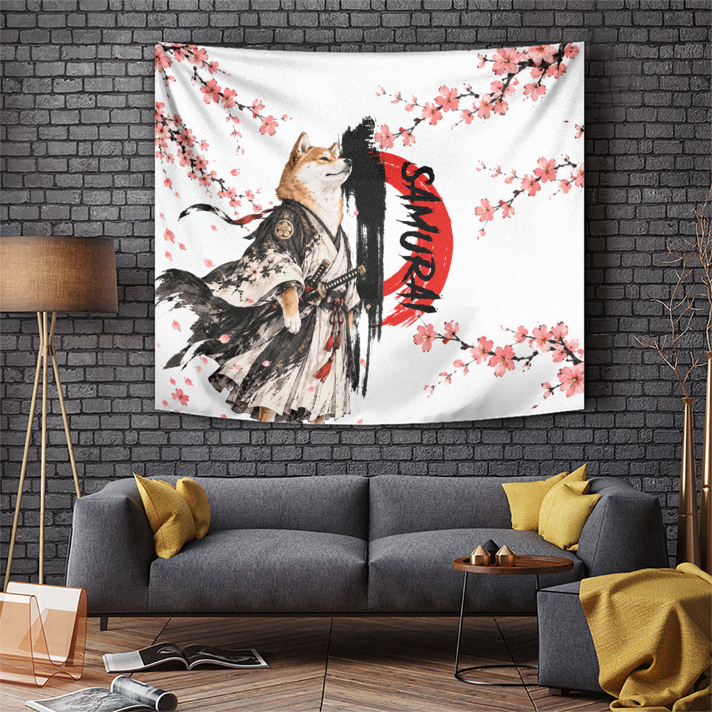 Shiba Inu Samurai Tapestry Japanese Cherry Blossom Warrior Dog Art
