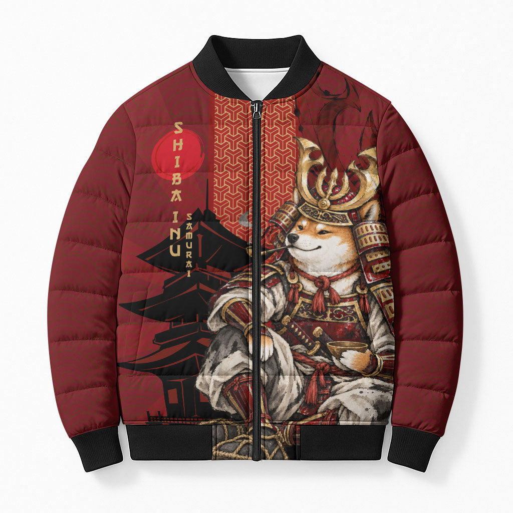 Personalized Shiba Inu Samurai Bomber Puffer Jacket Japanese Warrior Dog Torii Gate Art