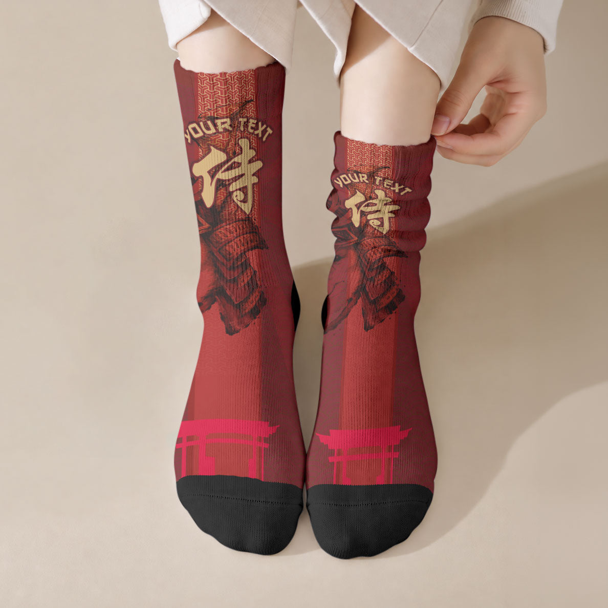 Personalized Shiba Inu Samurai Crew Socks Japanese Warrior Dog Torii Gate Art