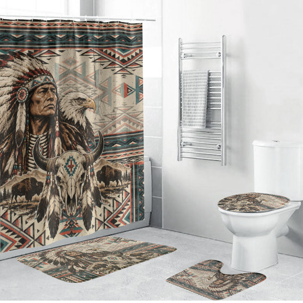 Native American Chief Eagle Bathroom Set Southwestern Tribal Geometric Bison Skull Art