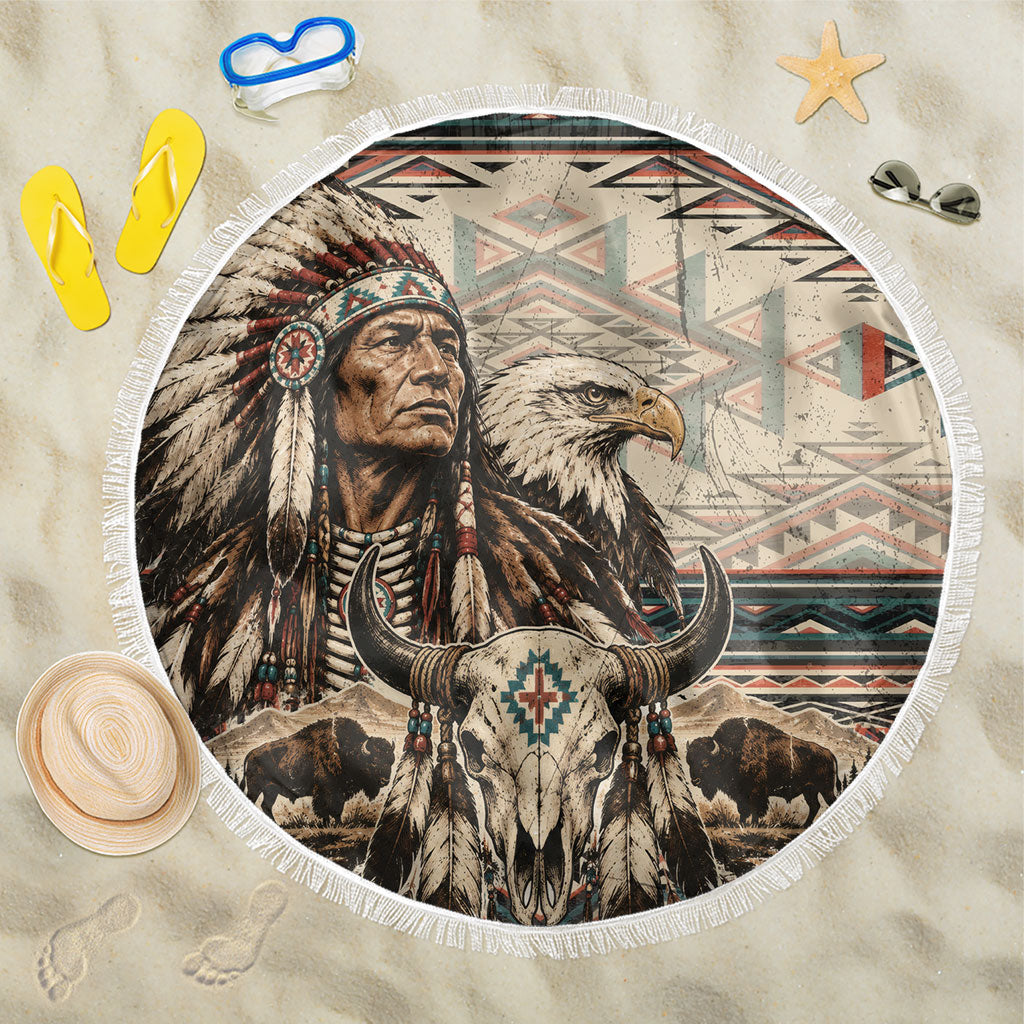 Native American Chief Eagle Beach Blanket Southwestern Tribal Geometric Bison Skull Art