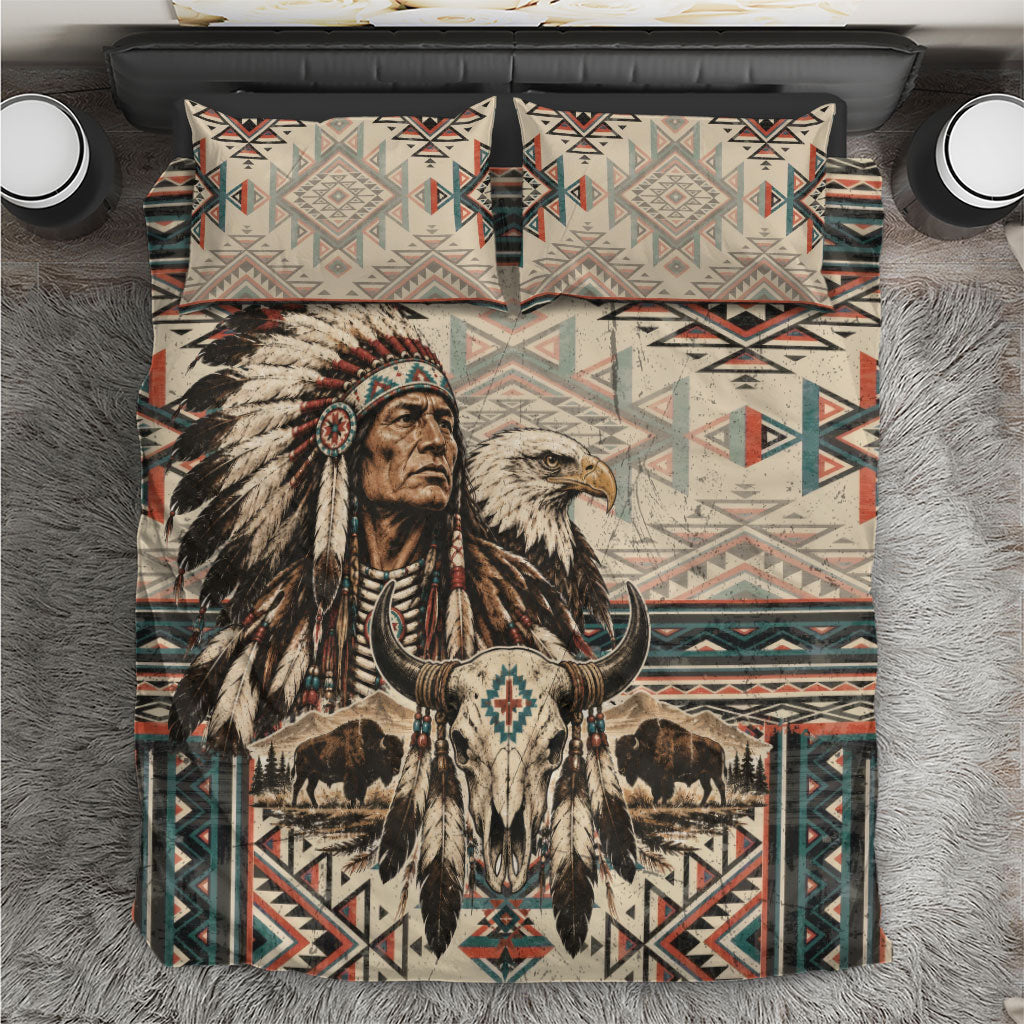 Native American Chief Eagle Bedding Set Southwestern Tribal Geometric Bison Skull Art