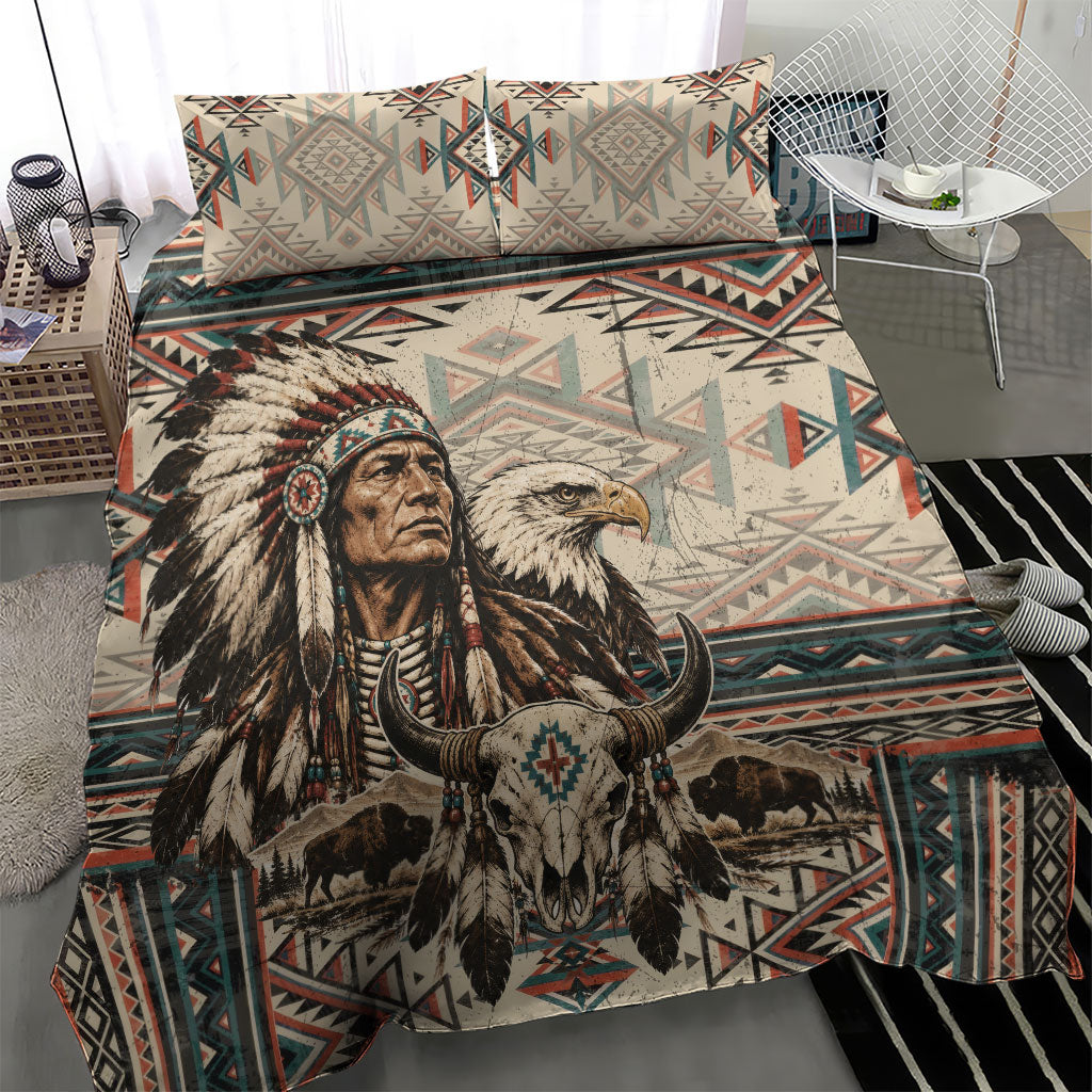 Native American Chief Eagle Bedding Set Southwestern Tribal Geometric Bison Skull Art