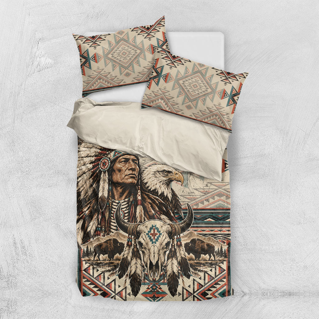 Native American Chief Eagle Bedding Set Southwestern Tribal Geometric Bison Skull Art