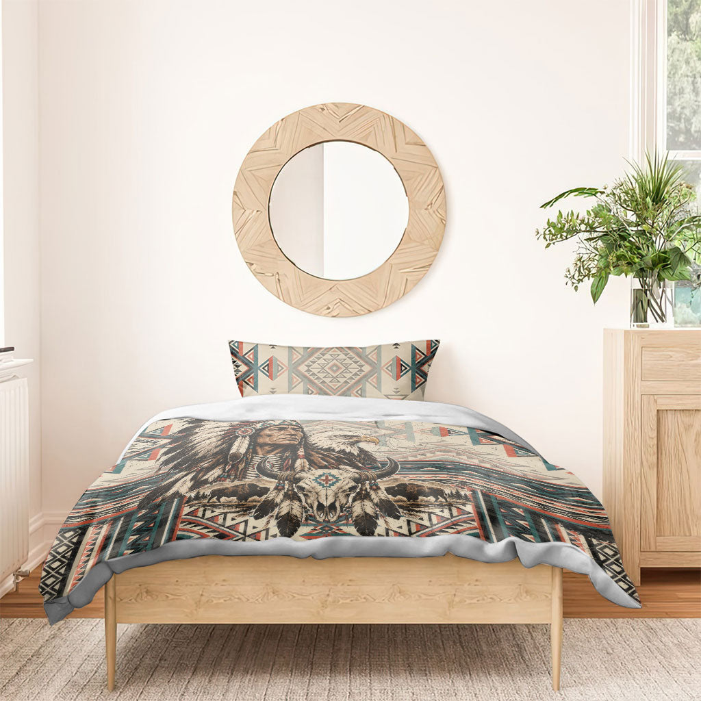 Native American Chief Eagle Bedding Set Southwestern Tribal Geometric Bison Skull Art