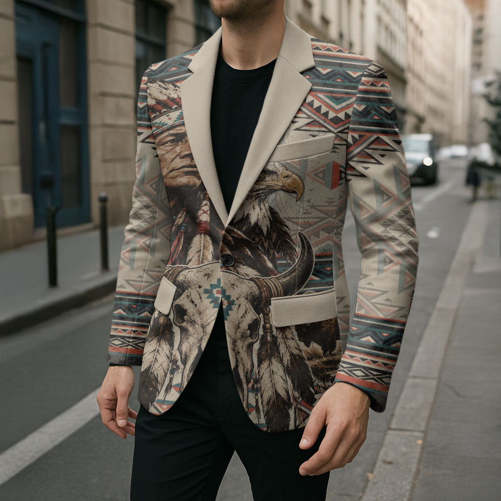 Native American Chief Eagle Blazer Southwestern Tribal Geometric Bison Skull Art