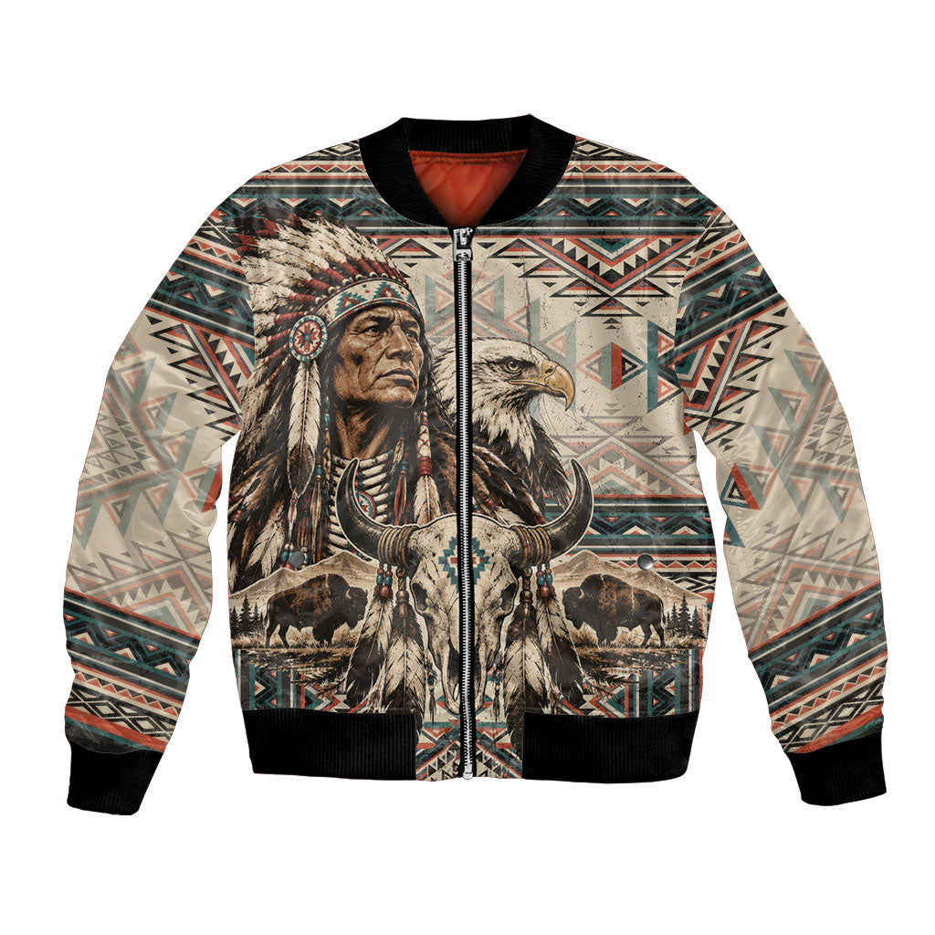 Native American Chief Eagle Bomber Jacket Southwestern Tribal Geometric Bison Skull Art