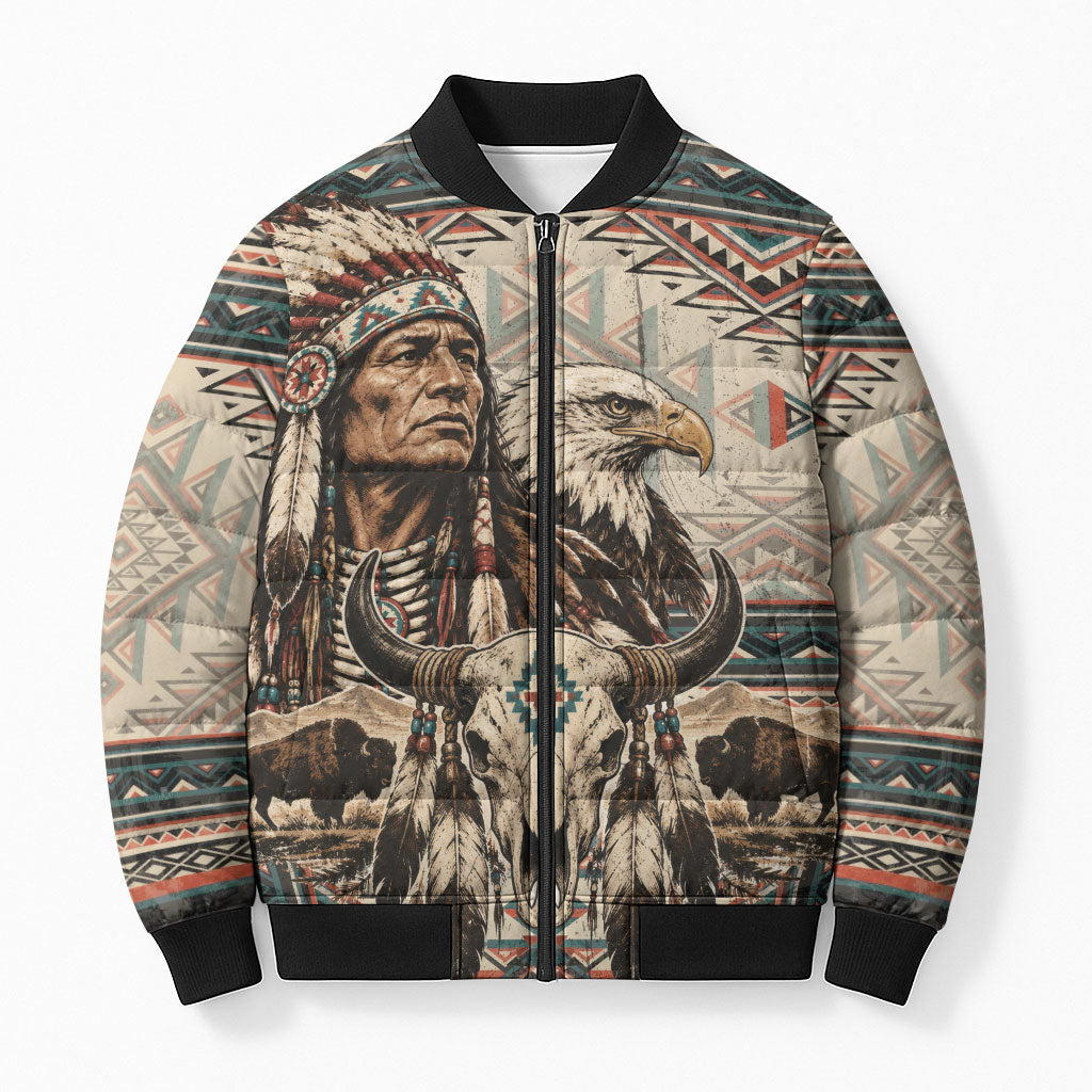 Native American Chief Eagle Bomber Puffer Jacket Southwestern Tribal Geometric Bison Skull Art