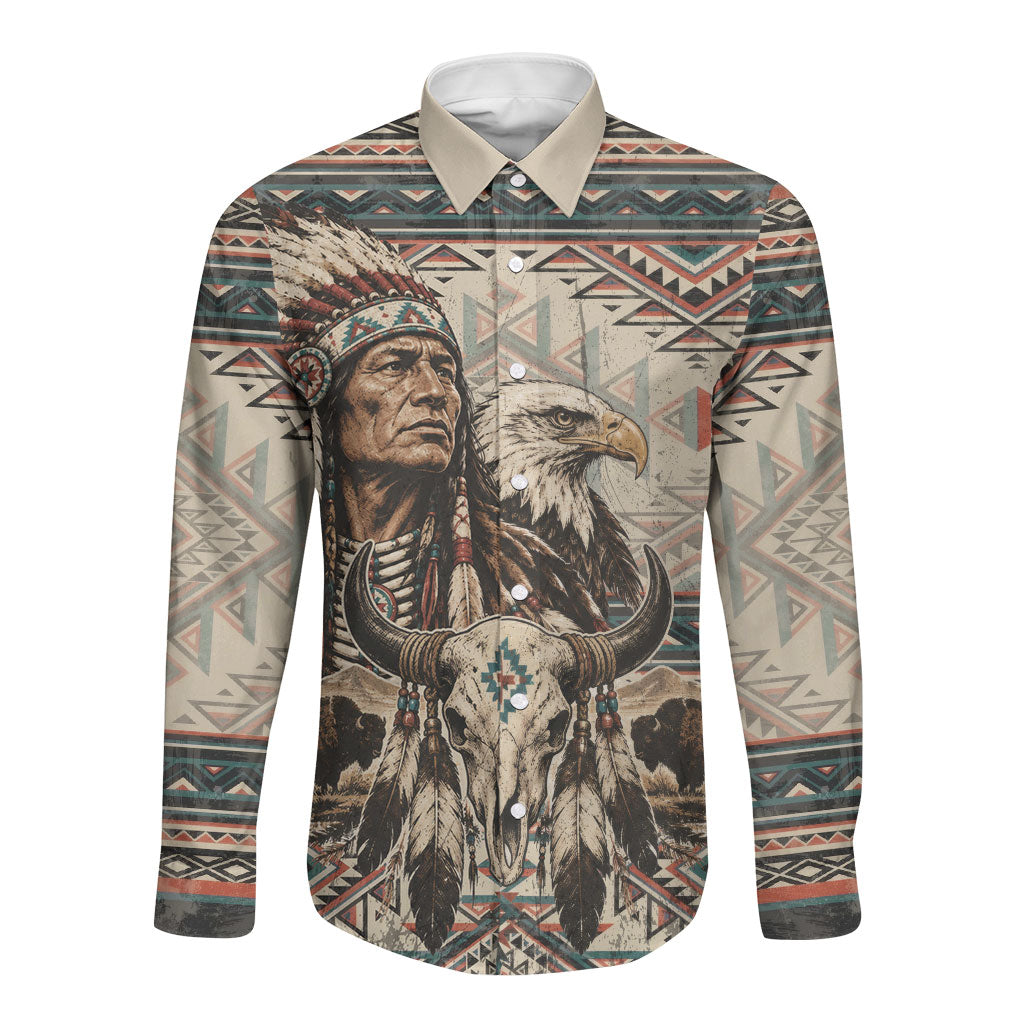 Native American Chief Eagle Long Sleeve Button Shirt Southwestern Tribal Geometric Bison Skull Art