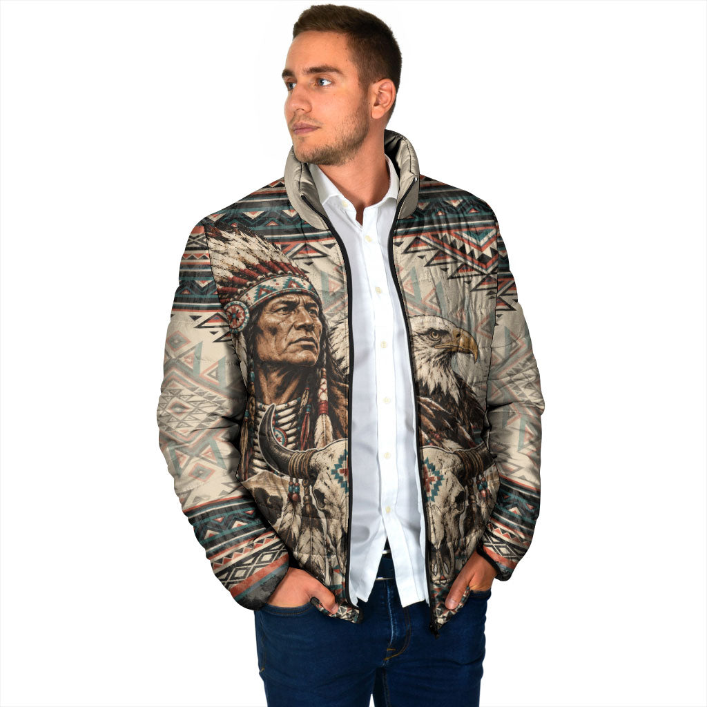 Native American Chief Eagle Padded Jacket Southwestern Tribal Geometric Bison Skull Art