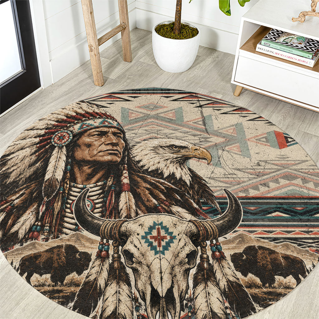 Native American Chief Eagle Round Carpet Southwestern Tribal Geometric Bison Skull Art