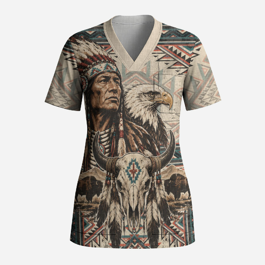 Native American Chief Eagle Scrub Top Southwestern Tribal Geometric Bison Skull Art