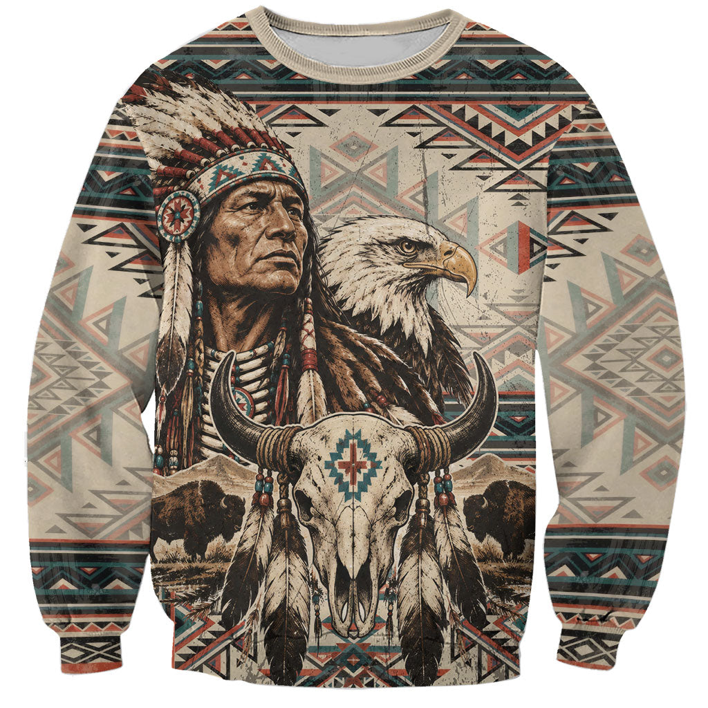 Native American Chief Eagle Sweatshirt Southwestern Tribal Geometric Bison Skull Art
