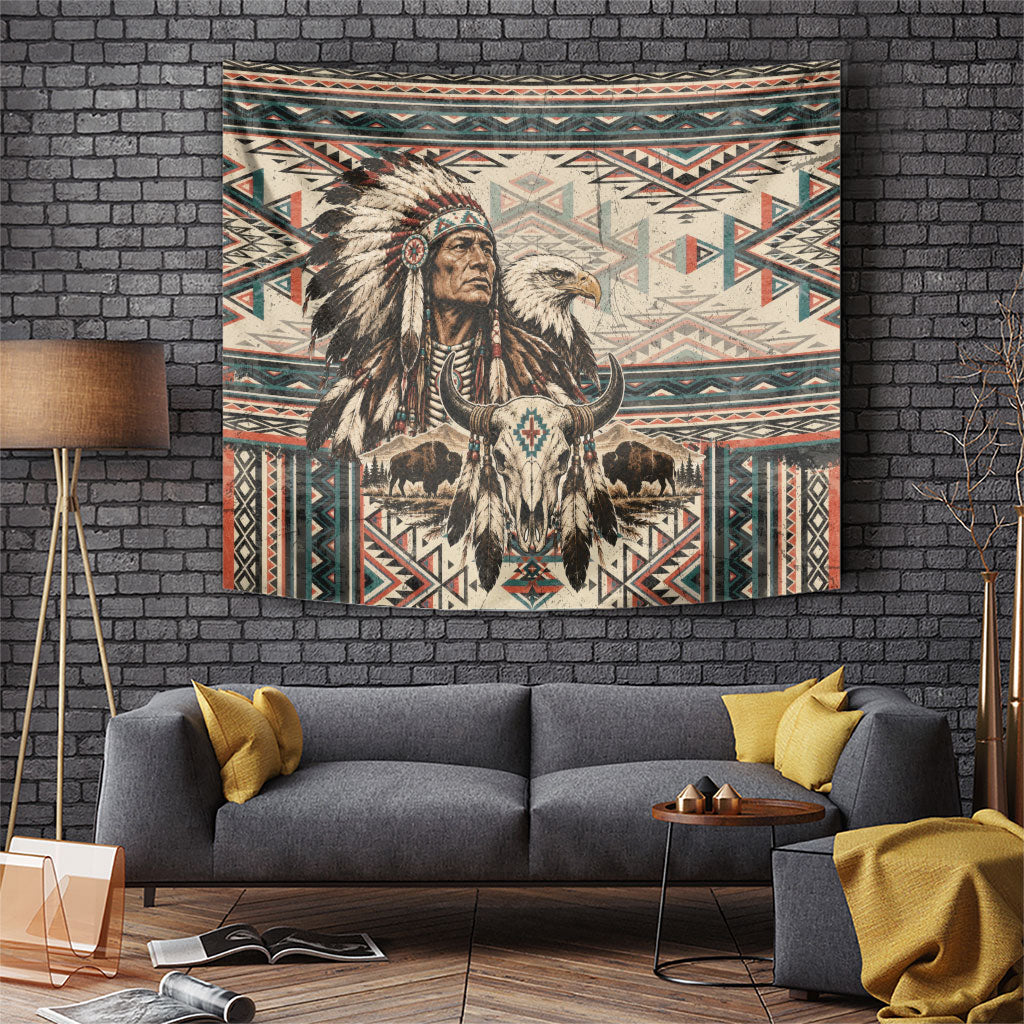 Native American Chief Eagle Tapestry Southwestern Tribal Geometric Bison Skull Art