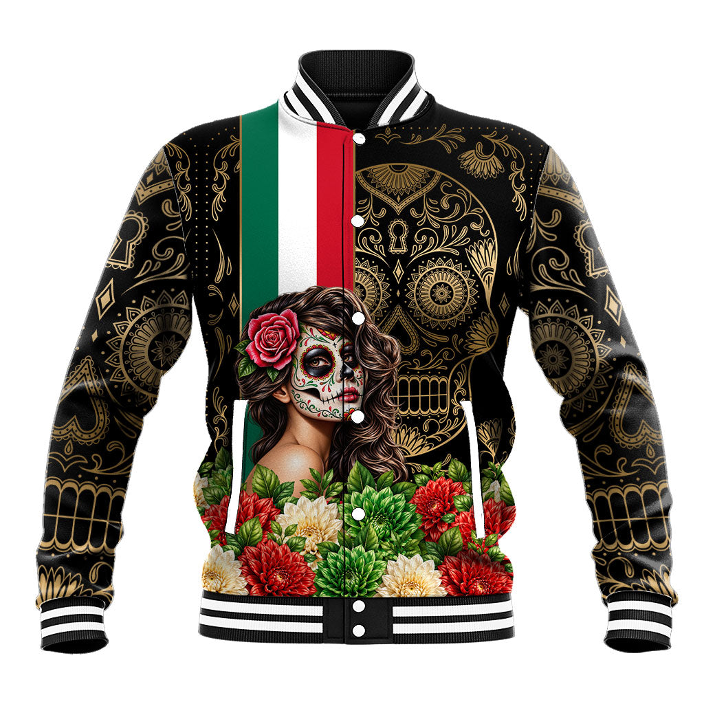 Mexico Day Of The Dead Baseball Jacket Sugar Skull Catrina Golden Floral Pattern