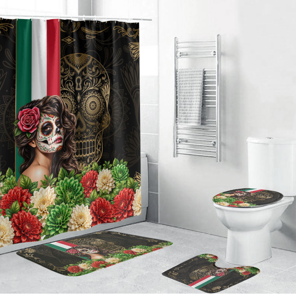 Mexico Day Of The Dead Bathroom Set Sugar Skull Catrina Golden Floral Pattern