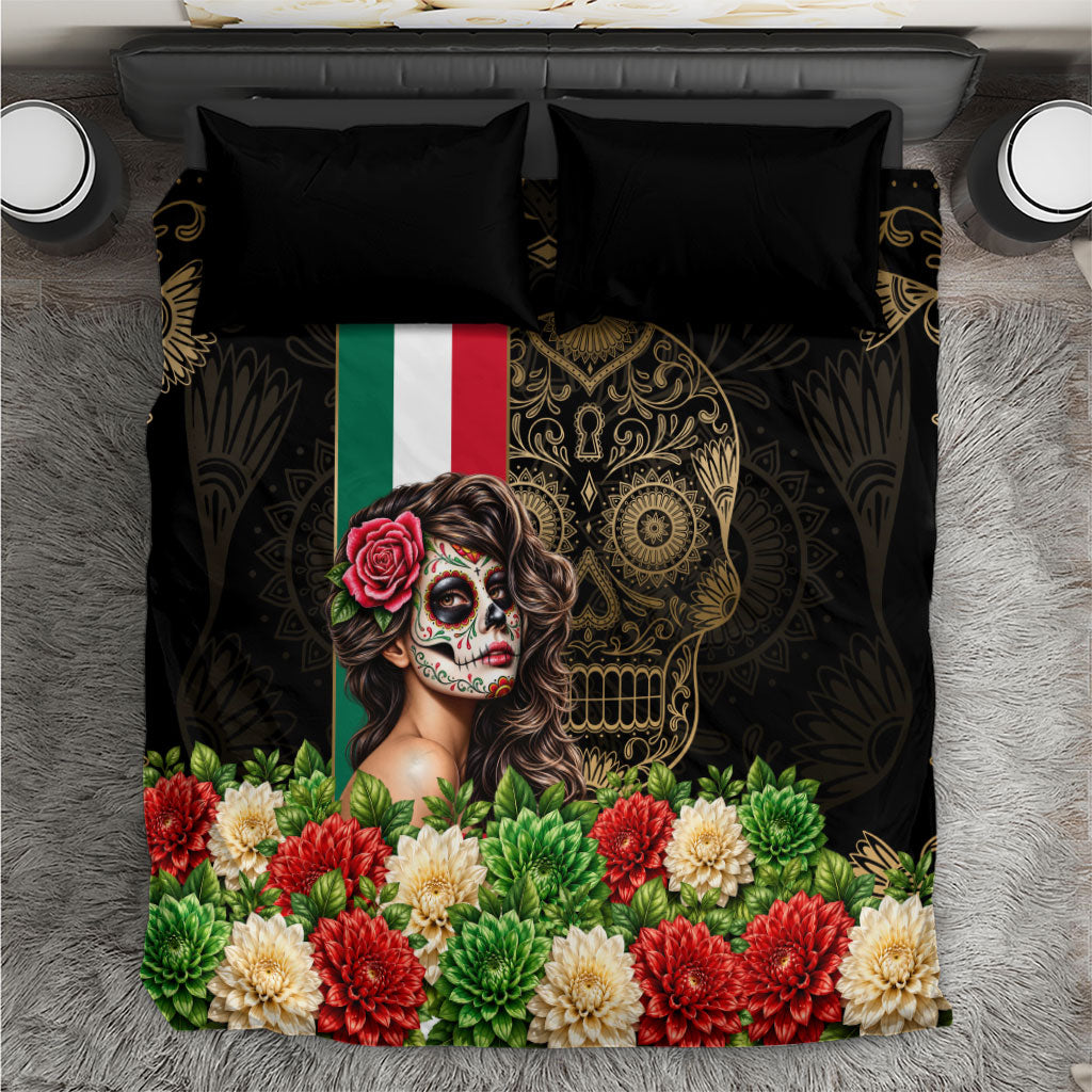 Mexico Day Of The Dead Bedding Set Sugar Skull Catrina Golden Floral Pattern