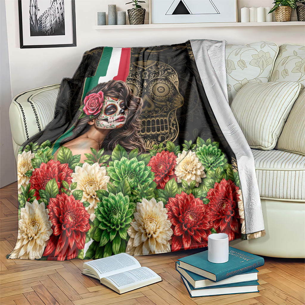 Mexico Day Of The Dead Blanket Sugar Skull Catrina Golden Floral Pattern