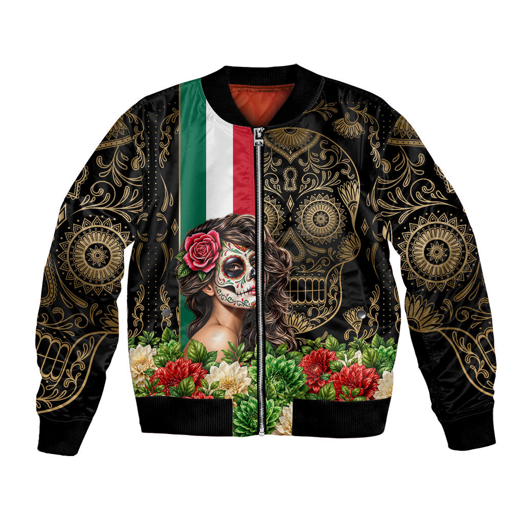 Mexico Day Of The Dead Bomber Jacket Sugar Skull Catrina Golden Floral Pattern
