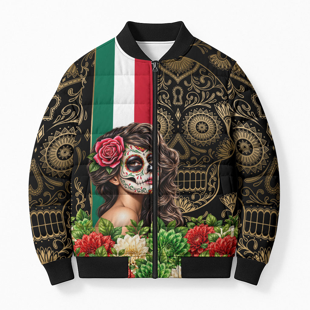 Mexico Day Of The Dead Bomber Puffer Jacket Sugar Skull Catrina Golden Floral Pattern