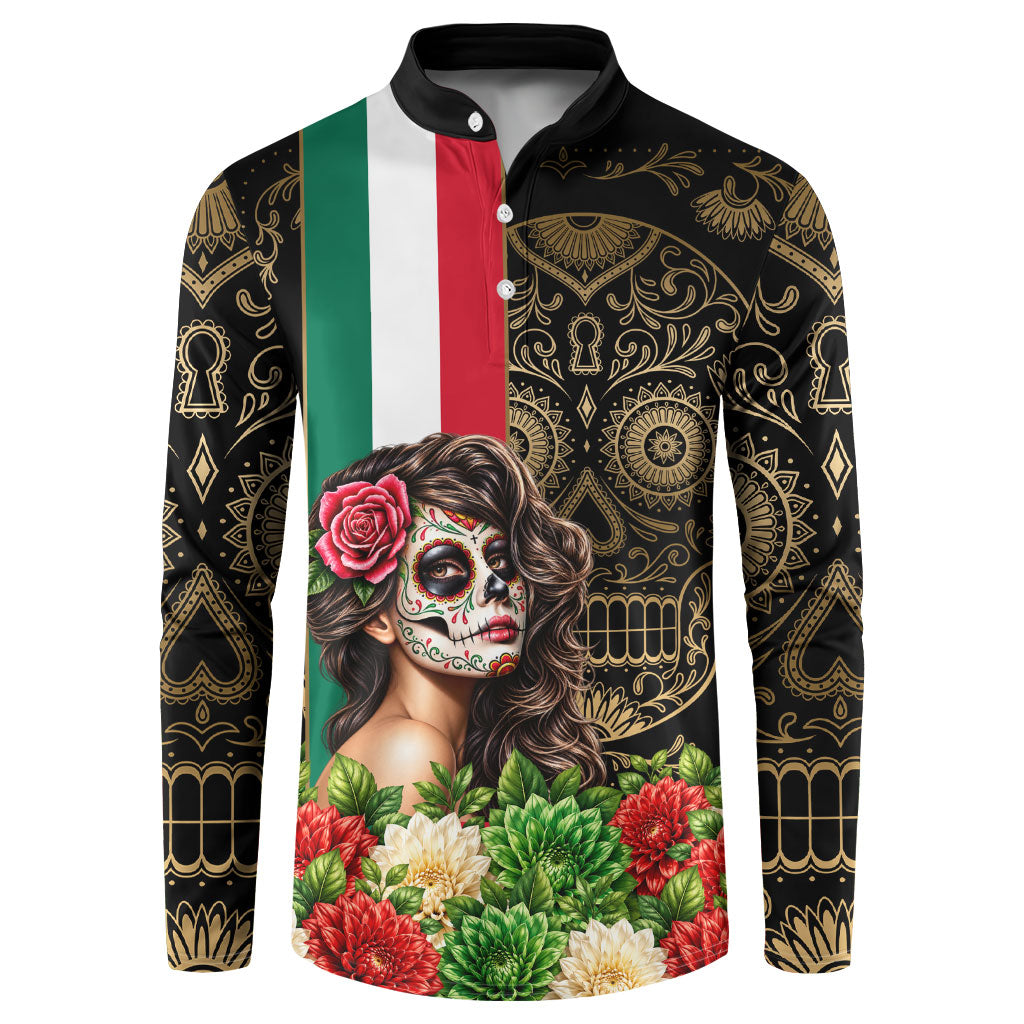 Mexico Day Of The Dead Button Sweatshirt Sugar Skull Catrina Golden Floral Pattern