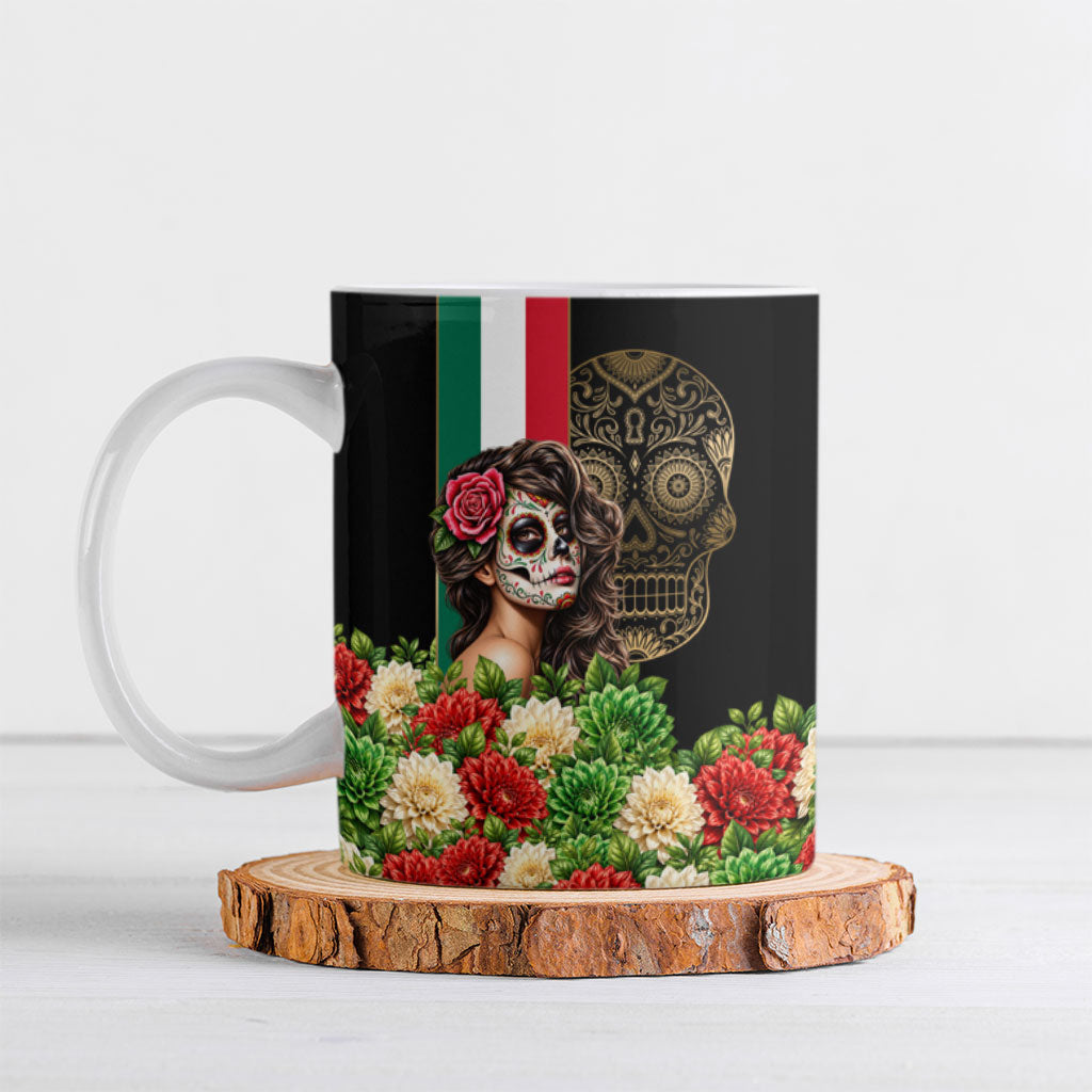 Mexico Day Of The Dead Ceramic Mug Sugar Skull Catrina Golden Floral Pattern