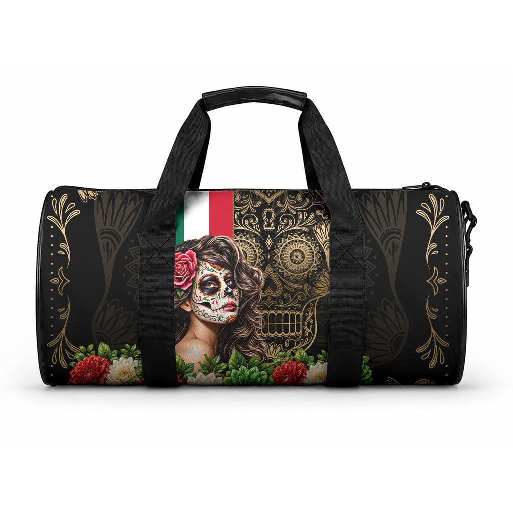 Mexico Day Of The Dead Duffle Bag Sugar Skull Catrina Golden Floral Pattern