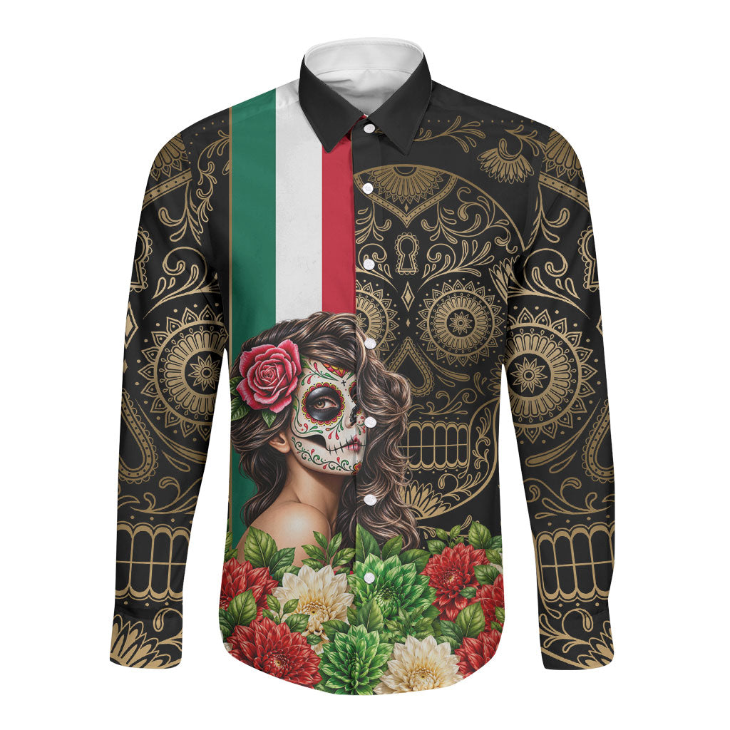 Mexico Day Of The Dead Long Sleeve Button Shirt Sugar Skull Catrina Golden Floral Pattern