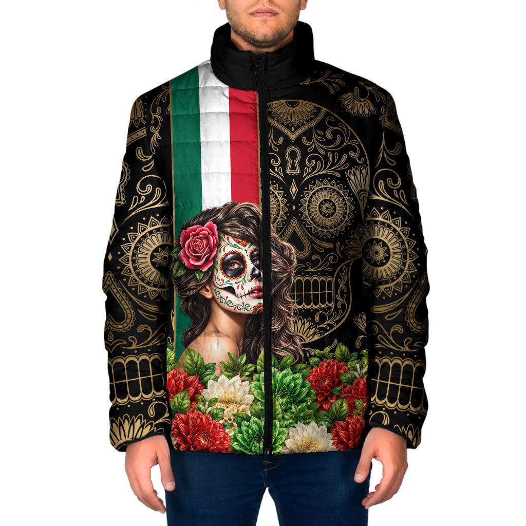 Mexico Day Of The Dead Padded Jacket Sugar Skull Catrina Golden Floral Pattern