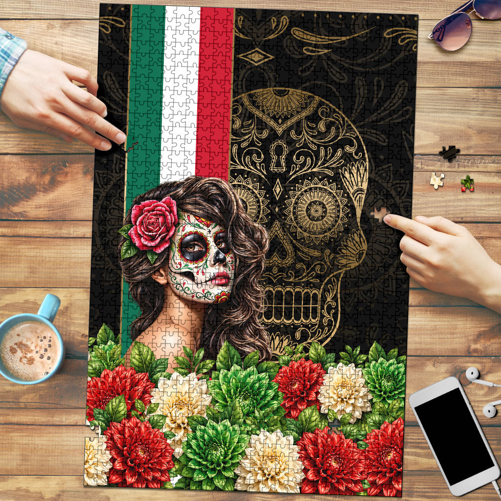 Mexico Day Of The Dead Puzzle Sugar Skull Catrina Golden Floral Pattern