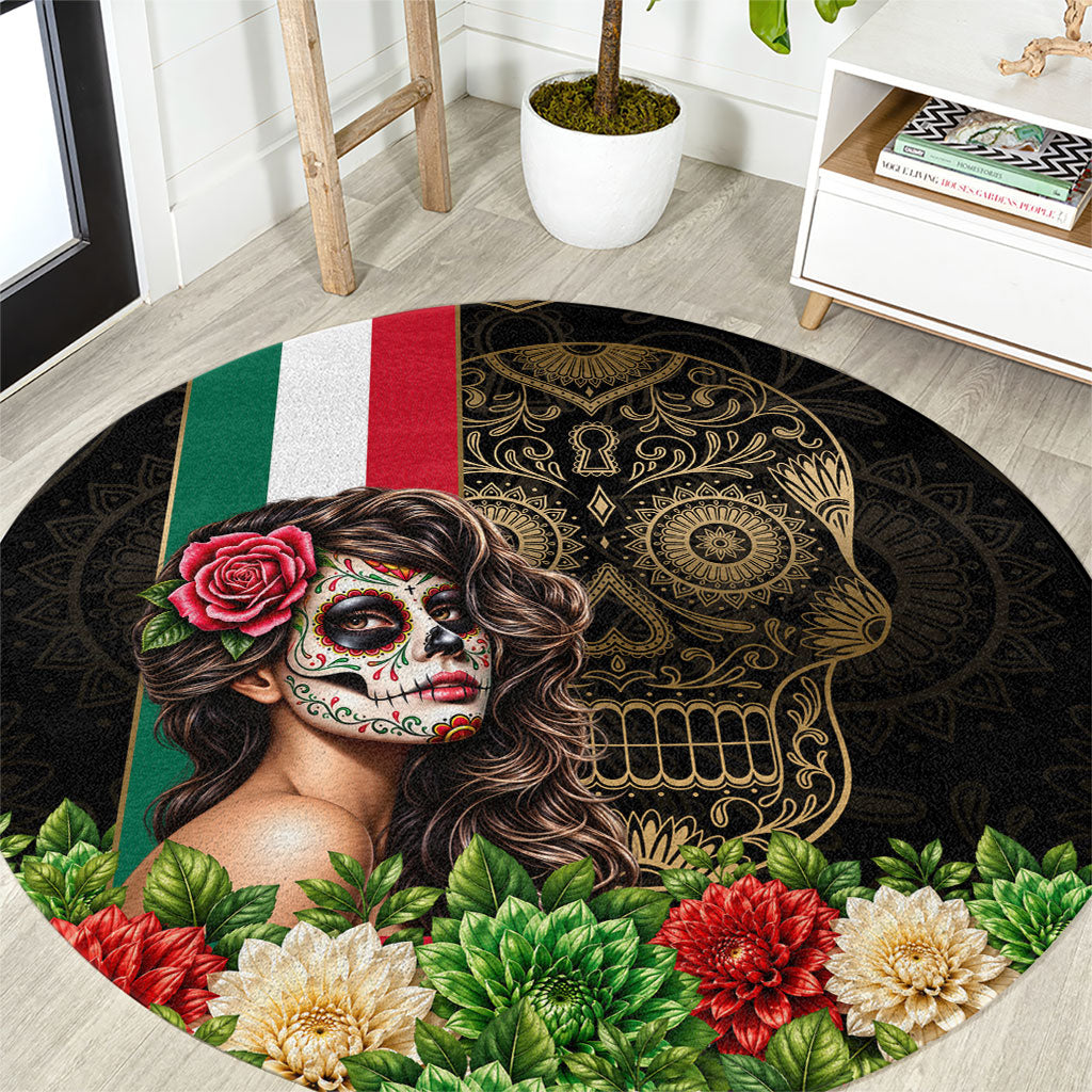 Mexico Day Of The Dead Round Carpet Sugar Skull Catrina Golden Floral Pattern
