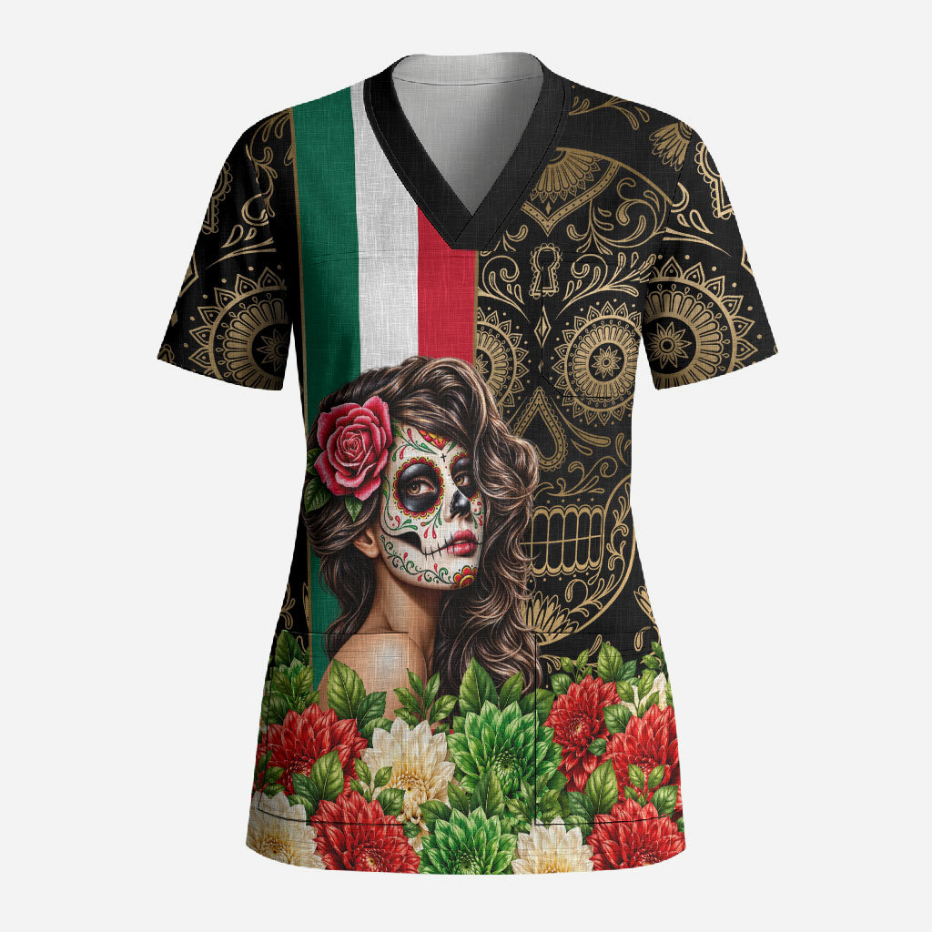 Mexico Day Of The Dead Scrub Top Sugar Skull Catrina Golden Floral Pattern
