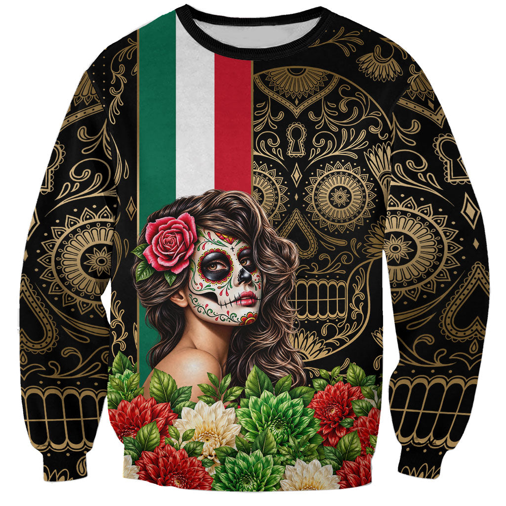 Mexico Day Of The Dead Sweatshirt Sugar Skull Catrina Golden Floral Pattern