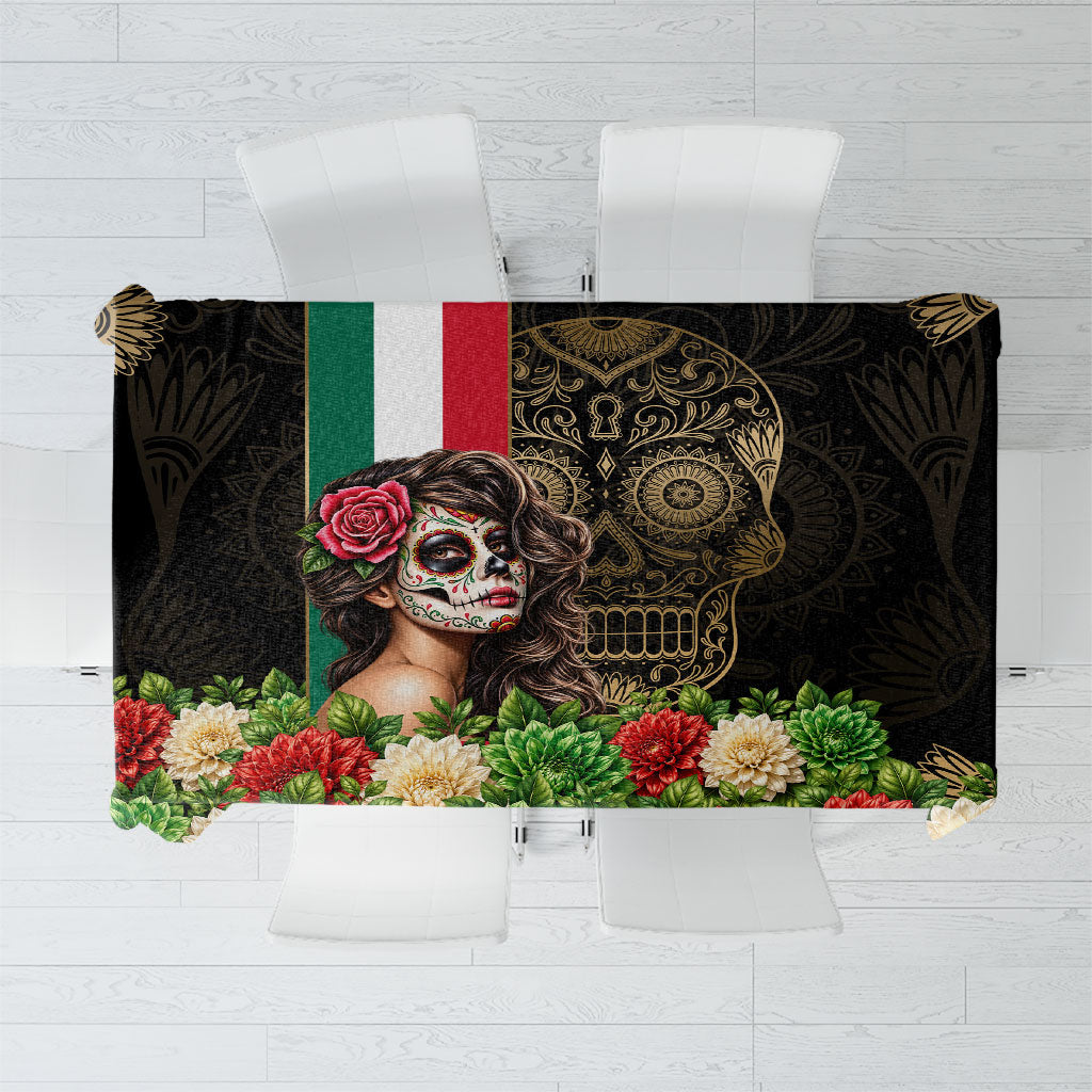 Mexico Day Of The Dead Tablecloth Sugar Skull Catrina Golden Floral Pattern