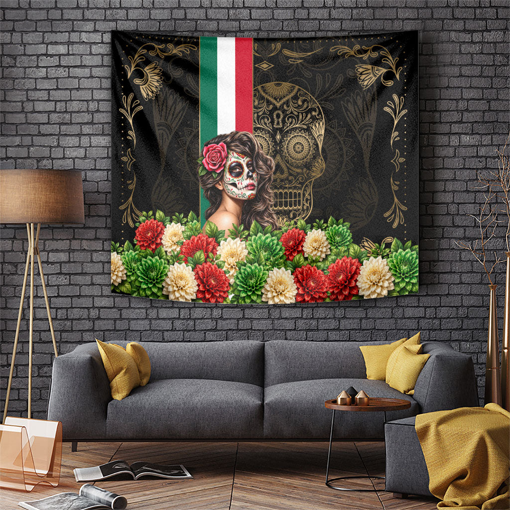 Mexico Day Of The Dead Tapestry Sugar Skull Catrina Golden Floral Pattern