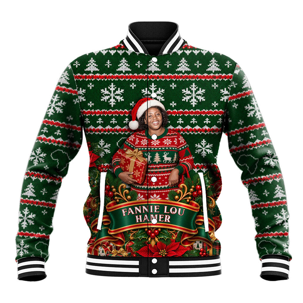 Fannie Lou Hamer Christmas Baseball Jacket Retro Ugly Christmas Pattern Civil Rights Activist Pan African
