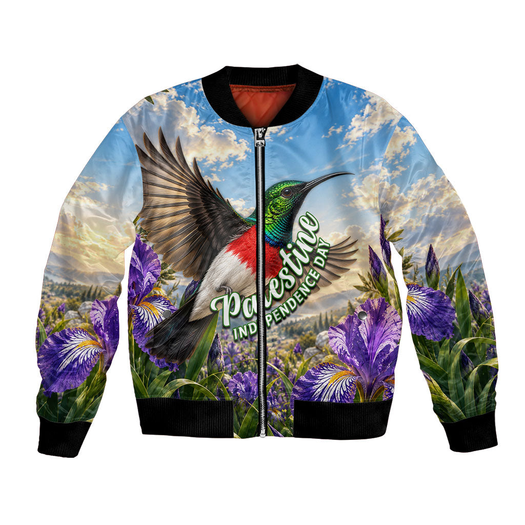 Palestine Independence Day Bomber Jacket Sunbird Iris Flower Cultural Heritage