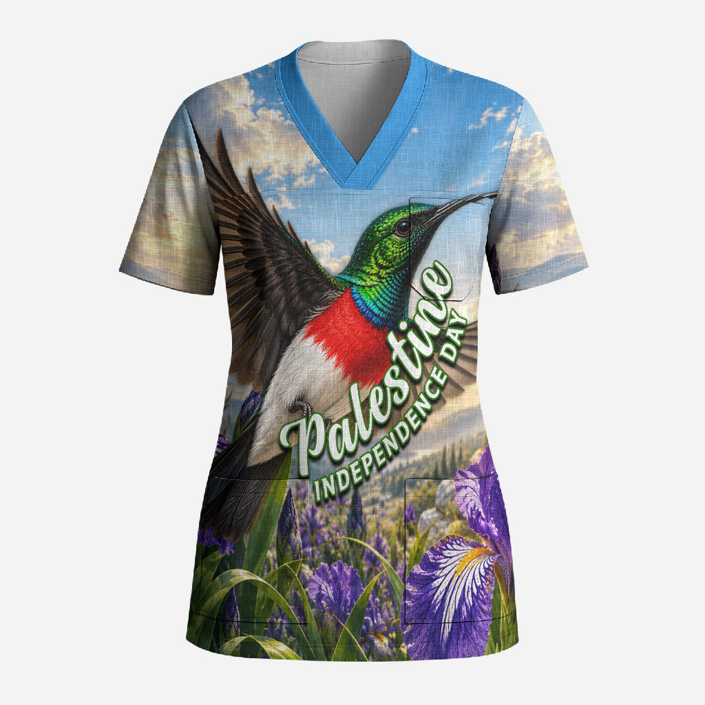 Palestine Independence Day Scrub Top Sunbird Iris Flower Cultural Heritage